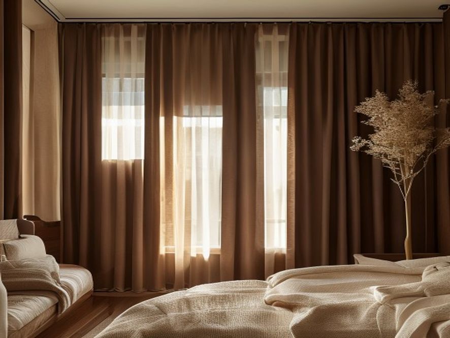Minimalist bedroom at night with blackout window treatments and soft warm accent lighting